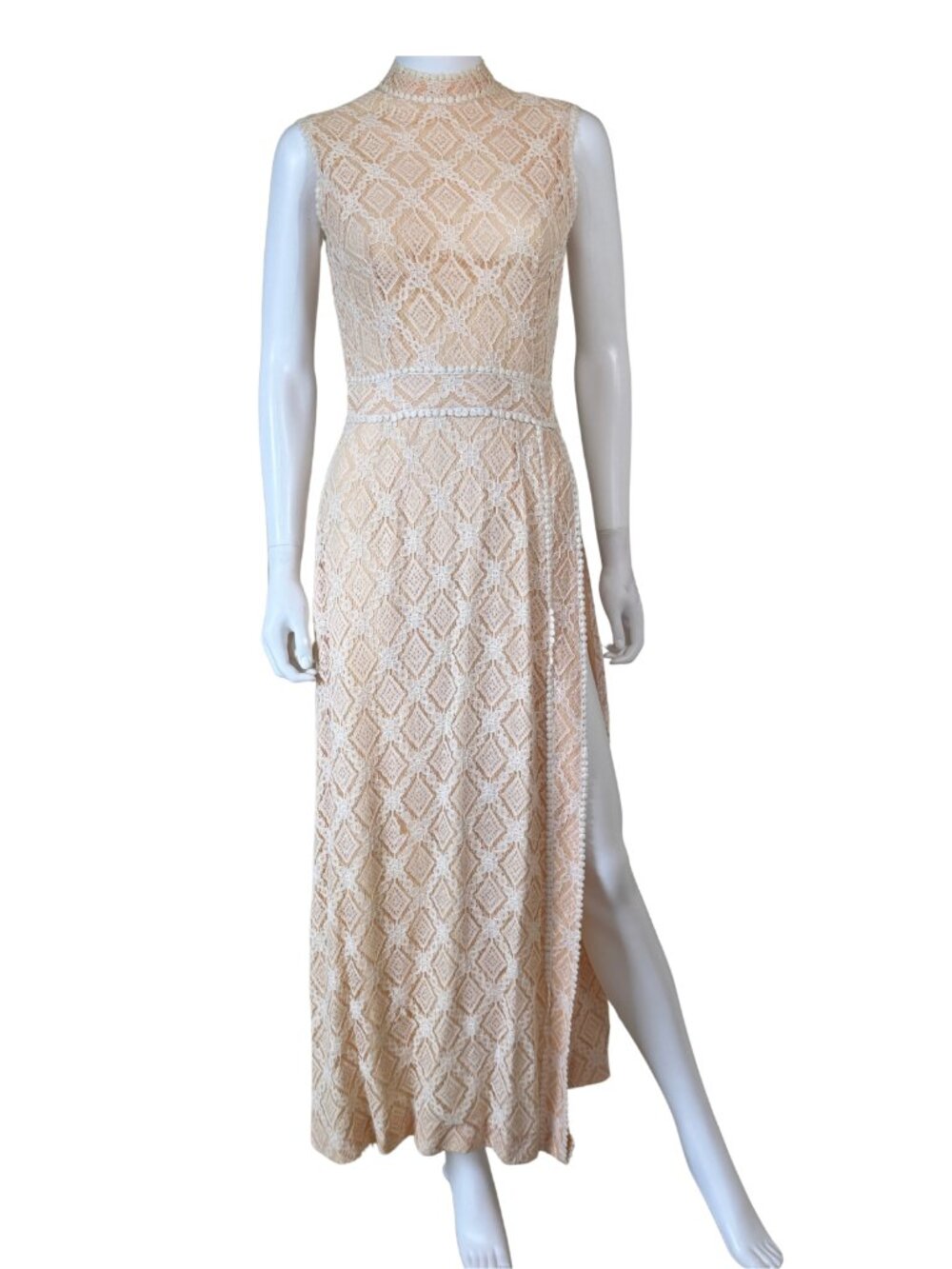 Vintage c. 1970 Aldens Fashions Chicago Peach Lace Maxi Dress